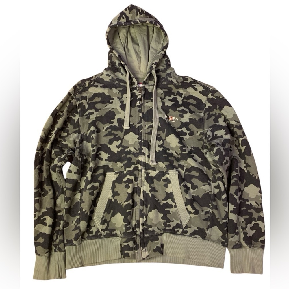 U.S. Polo Assn. Men's Camo Full-Zip Hoodie Sweatshirt | Size Large | 100% Cotton